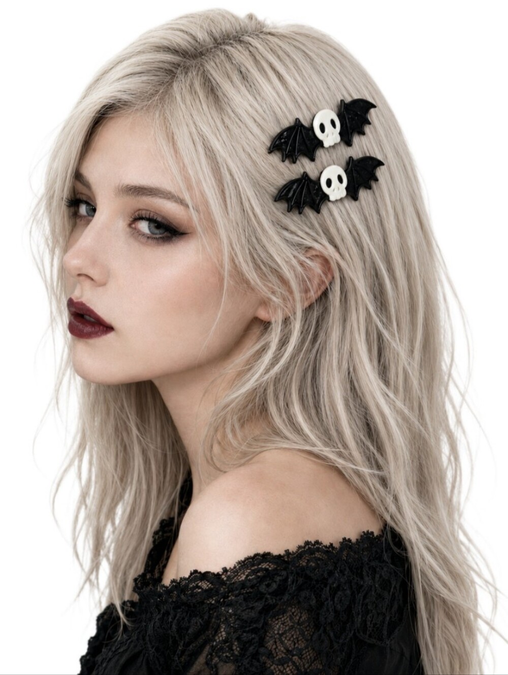 2 PC Set Of Black Bat Skull Hair Clips